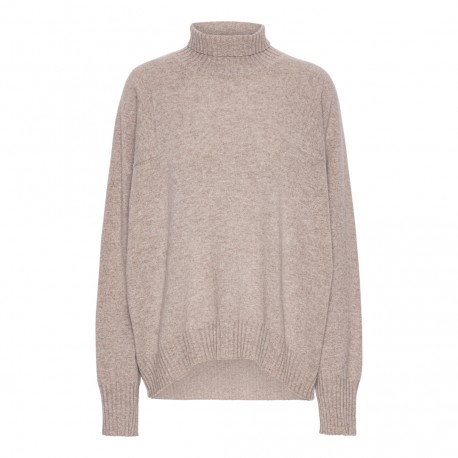 Sweater dame i cashmere – beige, oversize, høj hals