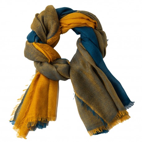 Tørklæde dame i cashmere – ternet, blå og gul