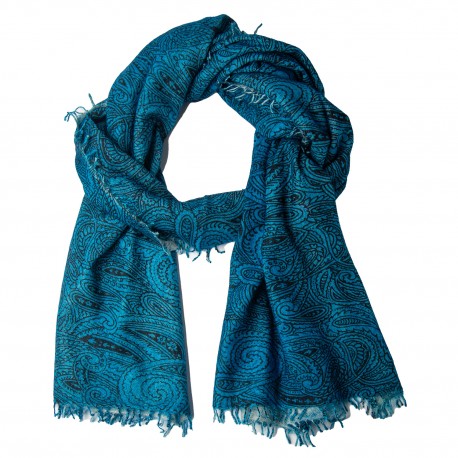 Tørklæde dame i cashmere – petroleumsblå, paisleyprint