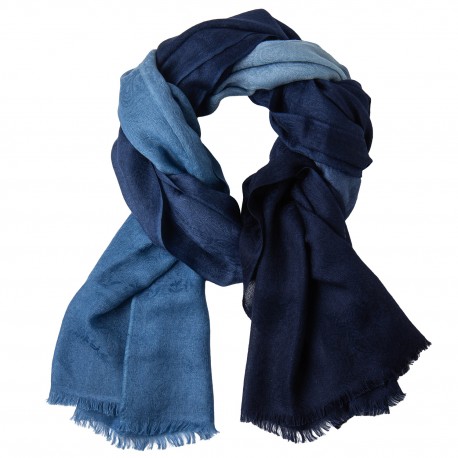 Tørklæde dame i cashmere – navy og dueblå, jacquard dip-dye