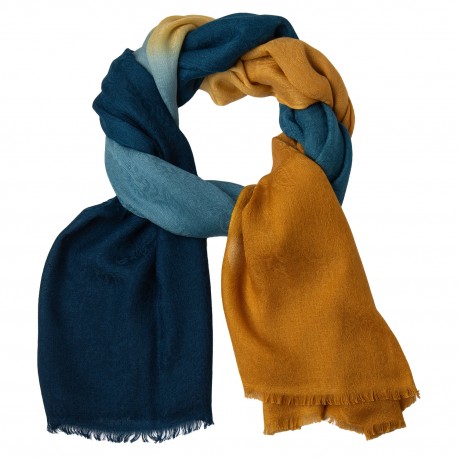 Tørklæde dame i cashmere – navy og mørk gylden, jacquard dip-dye