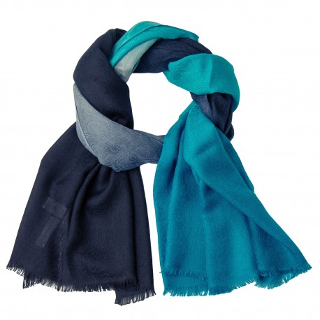 Tørklæde dame i cashmere – navy og petroleumsblå, jacquard dip-dye