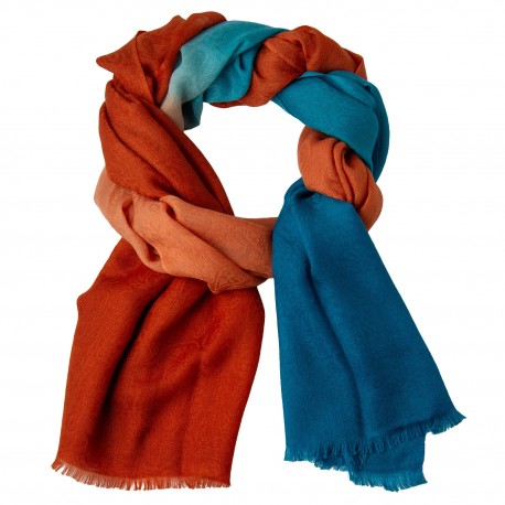Tørklæde dame i cashmere – cinnoberrød/petroleumsblå, jacquard dip-dye