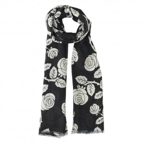 Billede af Sort tørklæde med blomsterprint i silke/modal